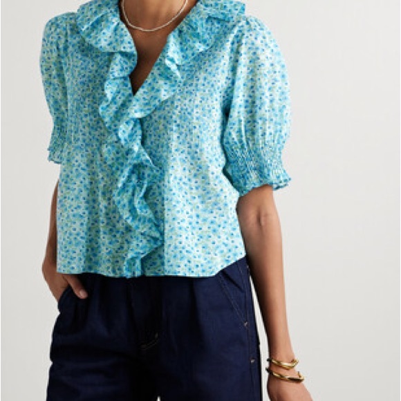 Doen Henri Blue Daisy Fields Floral Ruffle Blouse XS - Picture 3 of 4